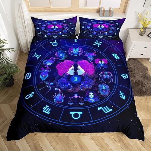 Miniatura 9 de Piscis - Juego de funda de edredón tamaño Queen con patrón de constelación 3D, funda de edredón de galaxia morada para niños, jóvenes, niñas, Multi