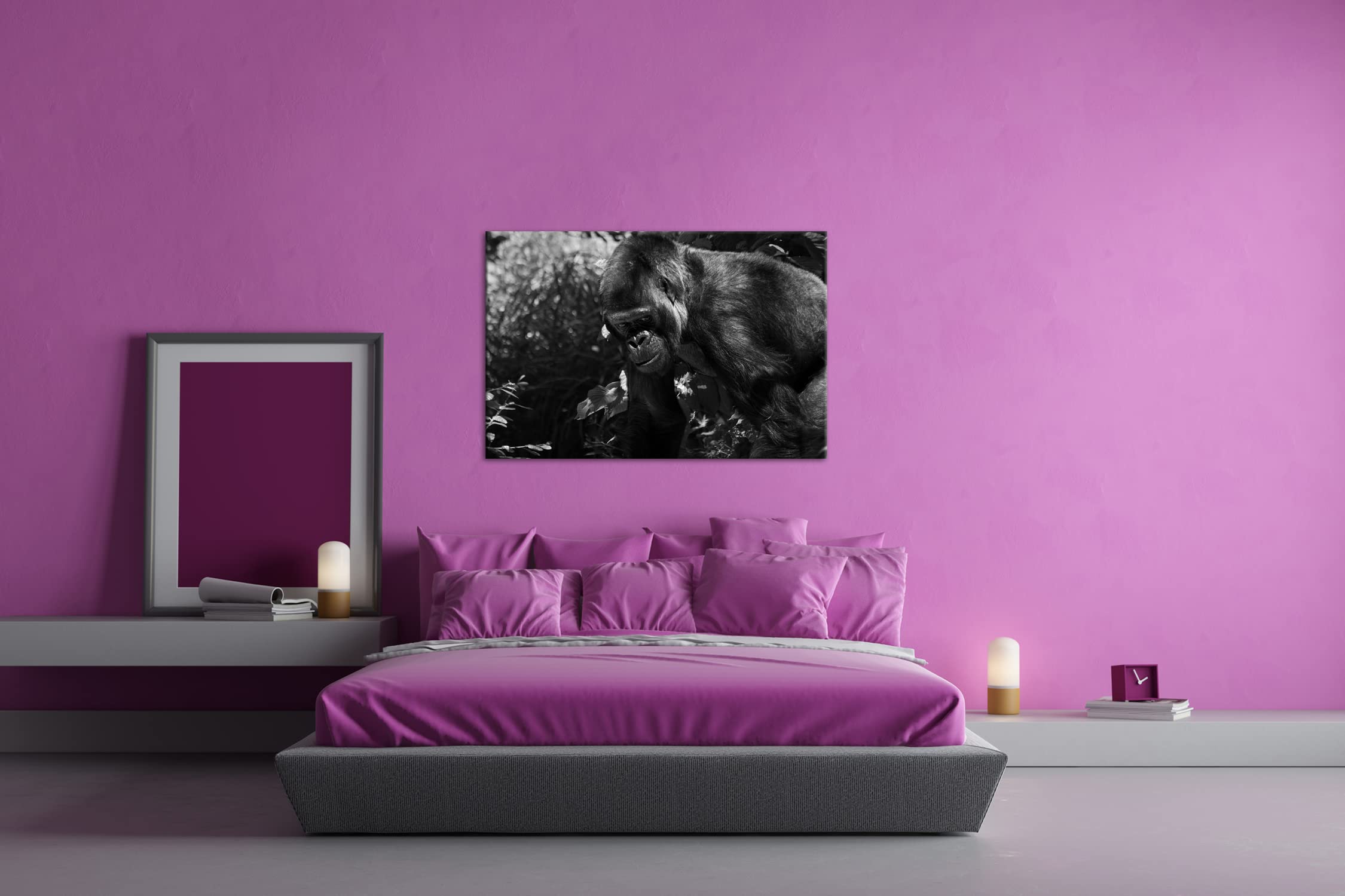 Grande formato Gorilla Formato: 120 x 80 Effetto: bianco e nero come tela su tela, motivo già incorniciato su cornice in vero legno, stampa digitale di alta qualità, senza poster o manifesto