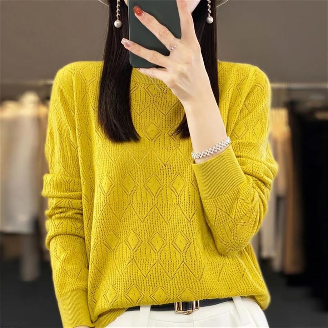 Sweter Damski Z Mieszanki Wełny, Z Okrągłym Dekoltem, Z Geometrycznym Wzorem, Miękki, Swobodny, Luźny, Z Długim Rękawem, Wiosenny-En8-Medium