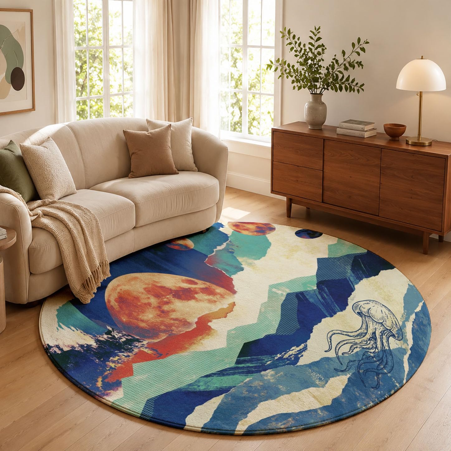 Tapis Rond Pleine Lune Sommets Montagneux Méduses Salon Chambre 100cm | Poils Courts, Art De Collage Rétro, Super Doux, Lavable Et Antidérapant Tapis Rond Pour Chambre D’enfant, Salle à Manger, Bleu