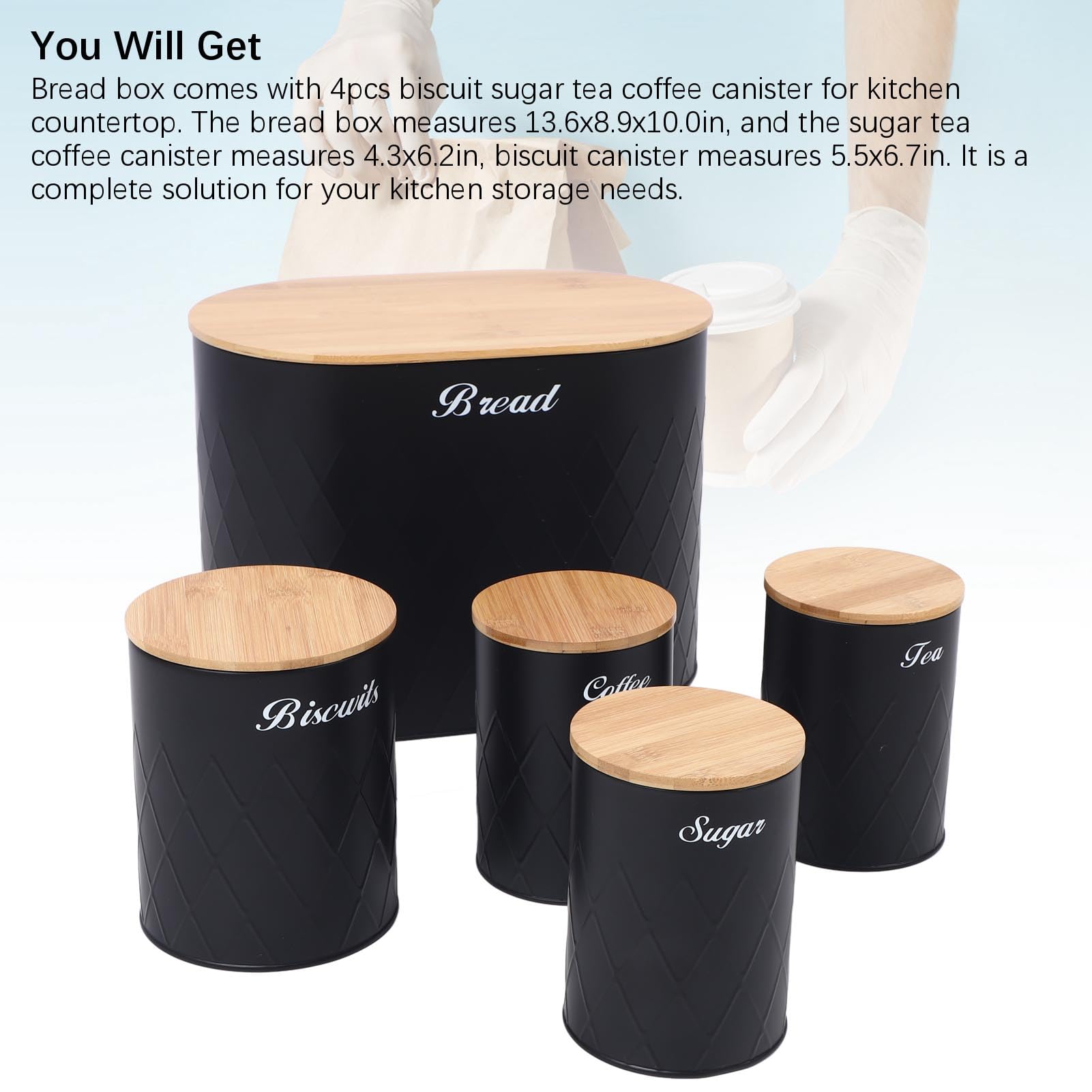 Caja de pan con juego de recipientes para encimera de cocina, contenedor de almacenamiento de pan de hierro, recipientes de almacenamiento para galletas, té, café, azúcar con