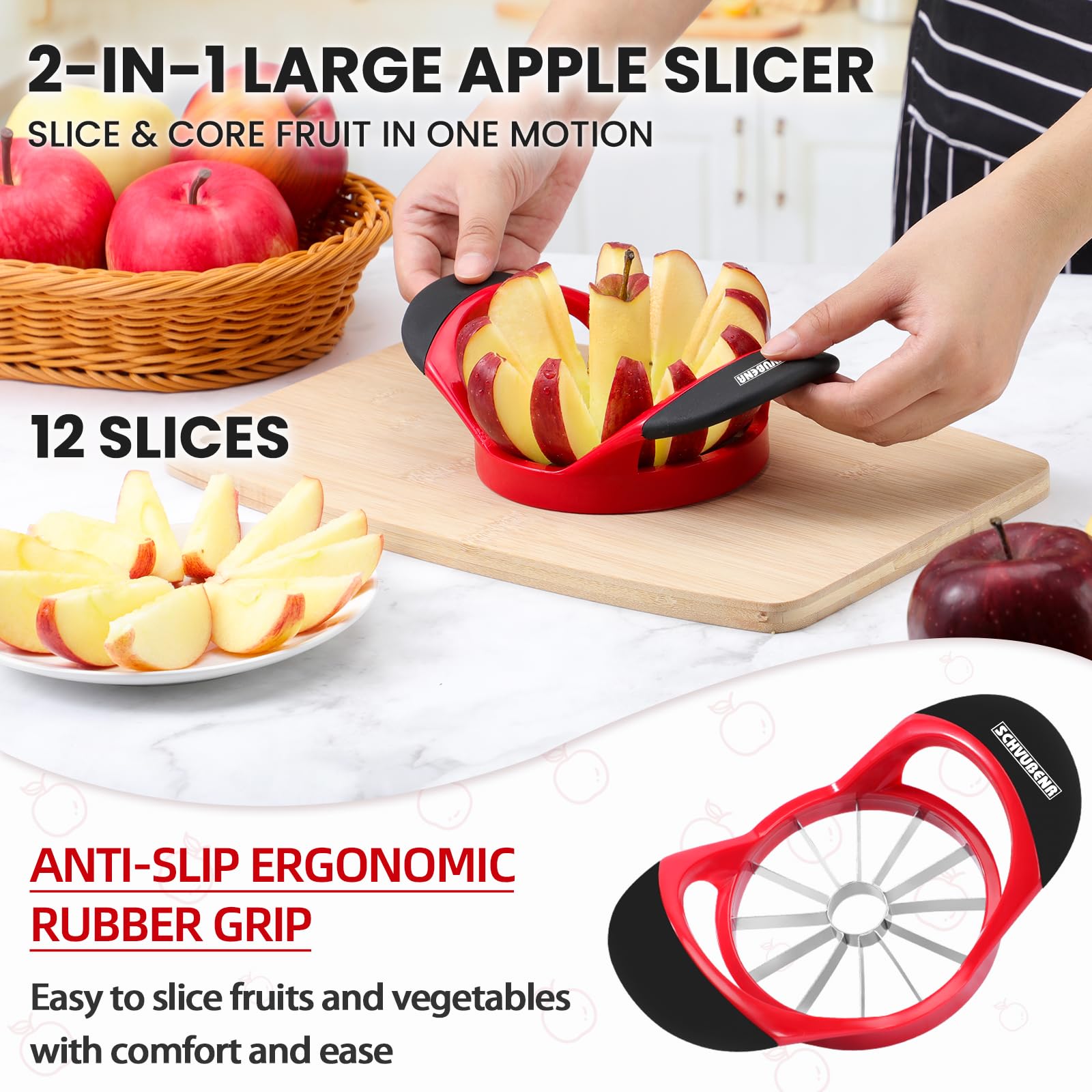 SCHVUBENR Large Apple Corer and Slicer, 4.72 Inch Apple Cutter Slicer with 12 Blades, Stainless Steel Apple Slicer - Image 2