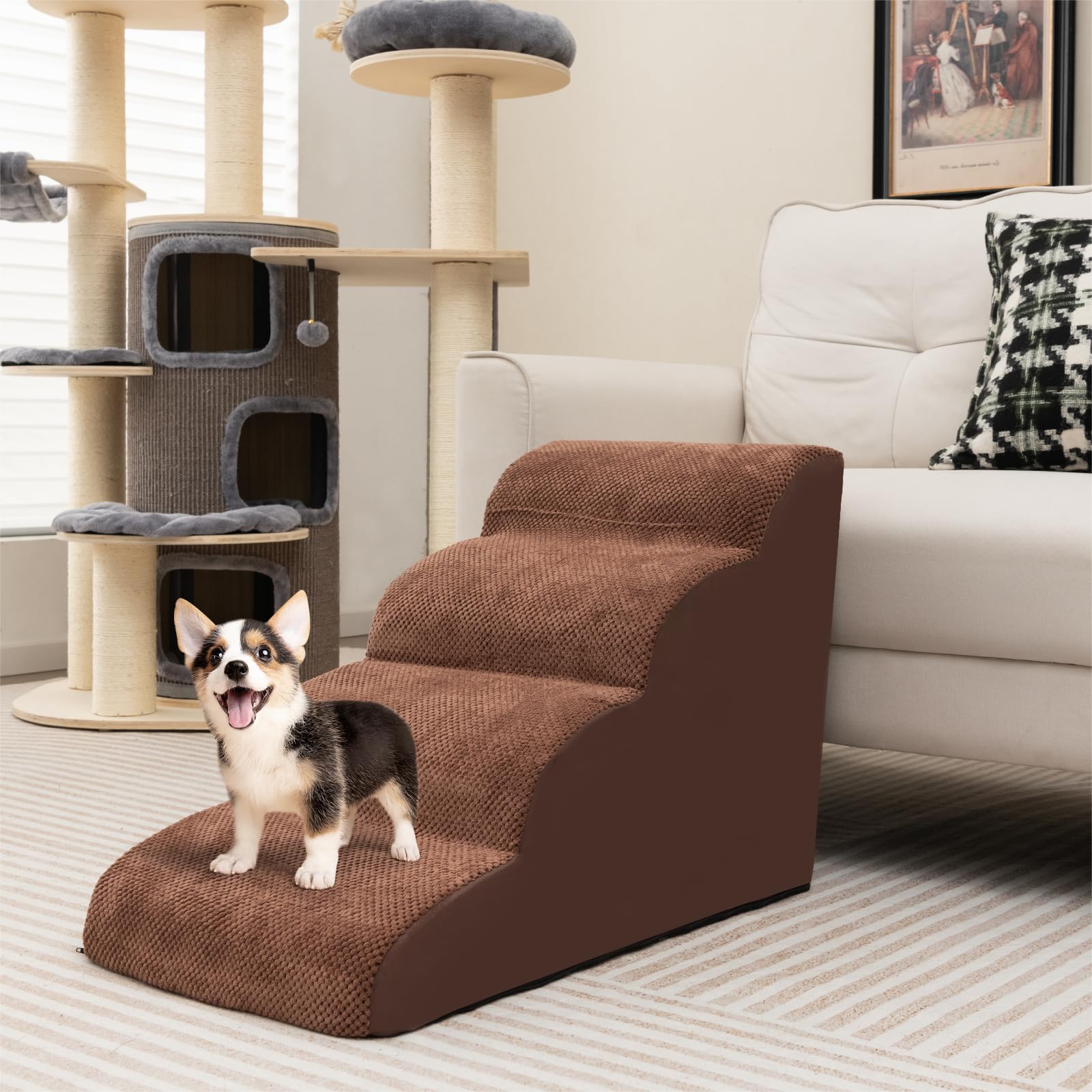 SOARS Scaletta per Cani a 4 Gradini in Spugna, Rampa per Animali Copertura Rimovibile e Lavabile Antiscivolo con Spazzola, Scala per Divano e Letto, per Cuccioli e Anziani, 72 x 41 x 51 cm (Marrone)