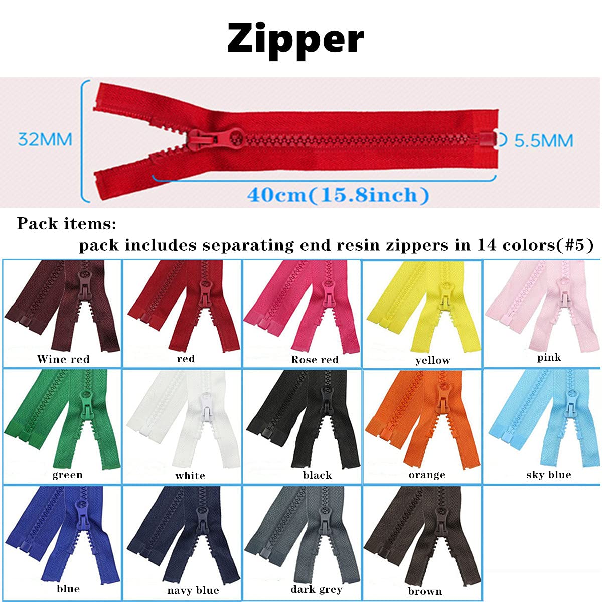 Zamki błyskawiczne kolorowe zamki z żywicy zestaw #5 Plastikowe zamki błyskawiczne do oddzielania ubrań DIY płaszcz torebki szycie odzieży, torby rzemieślnicze, mieszane 14 kolorów zamki z żywicy (40