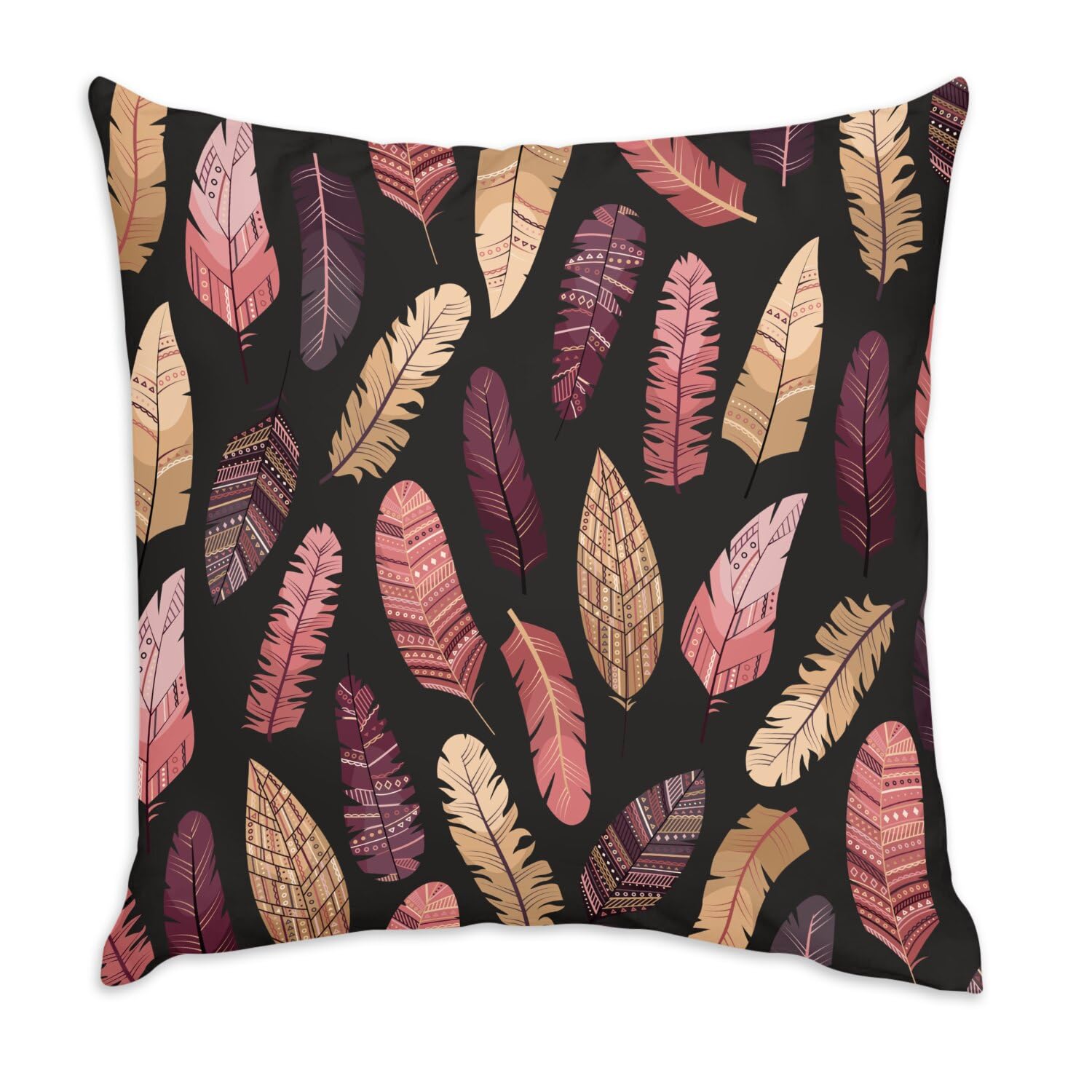 Coussin en velours blanc motif plumes noires 40x40 cm avec housse incluse au style bohème tribal