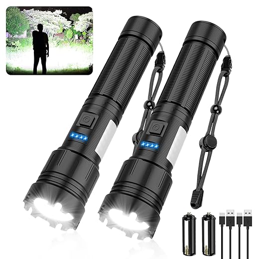 DanByte Rechargeable Tactical LED Flashlights, Super Bright 10000 High Lumens Magnetic Flashlight with Cob Sidelight, Zoomable, IPX7 Waterproof, Powerful Handheld Flashlight for Camping 2 Pack