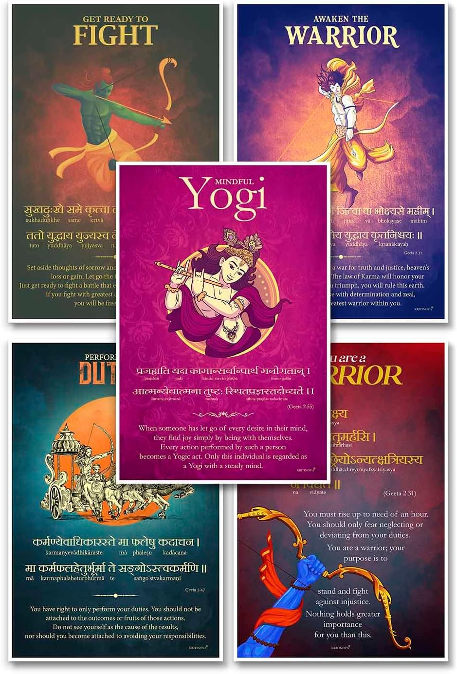 - Sanskrit Wall Art - Pack of 5 Bhagavad Gita Shloka Posters - Inspiring Motivational Unframed Art Prints - Multicolor - Ideal for Home, Office Decor - Spiritual Decor - 12x18 Inches