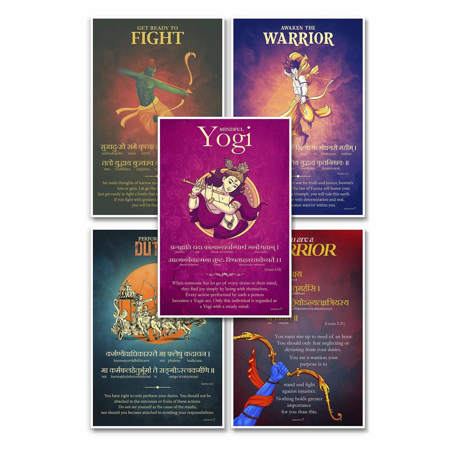 Sanjeev Newar Sanskrit Wall Art - Pack of 5 Bhagavad Gita Shloka Posters - Inspiring Motivational Unframed Art Prints - Multicolor - Ideal for Home, Office Decor - Spiritual Decor - 12x18 Inches