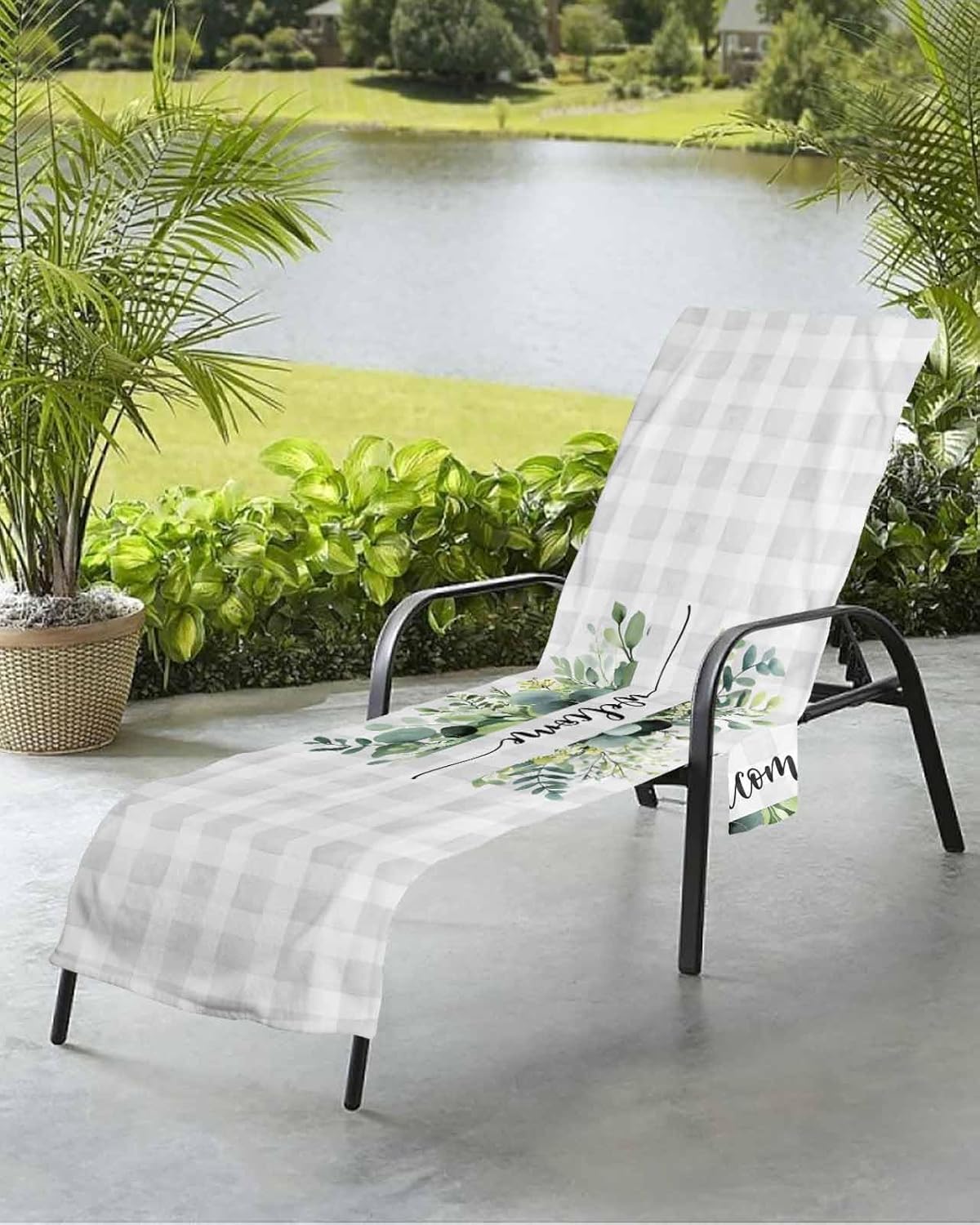 Plaid Eucalyptus Beach Pool Patio Lounge Chaise Chair Cover Towel With Pockets,Absorbent & Quick Dry Microfiber Towel Cover Bag Summer Accessories for Sunbathing Leaves Flower Watercolor Spring Summer