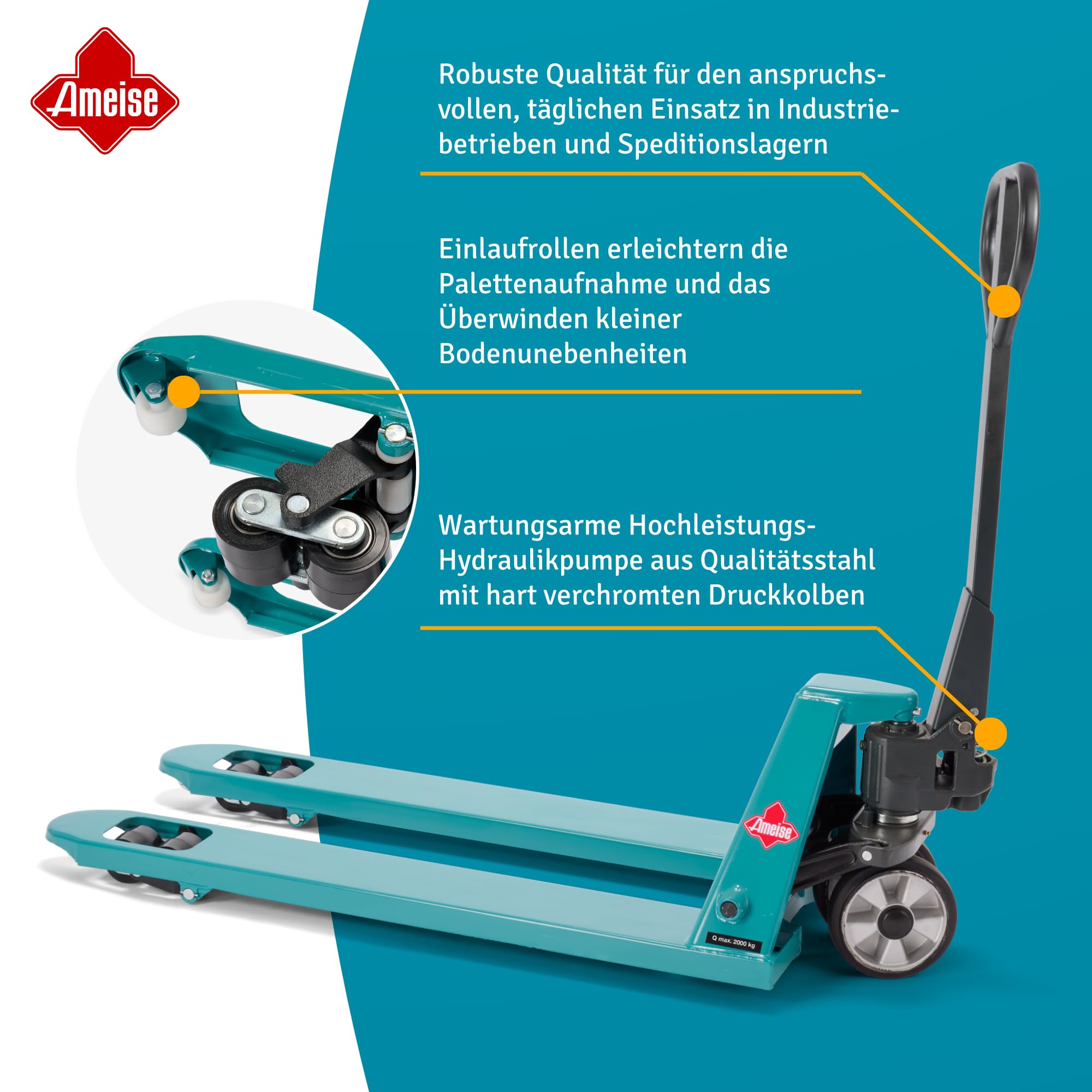 Ameise Hubwagen PTM | 2.000 kg Tragkraft | 1.150 mm Gabellänge | Lenkrad aus laufruhigem Vollgummi | Tandem-Gabelrollen aus robustem Polyurethan | Palettenhubwagen