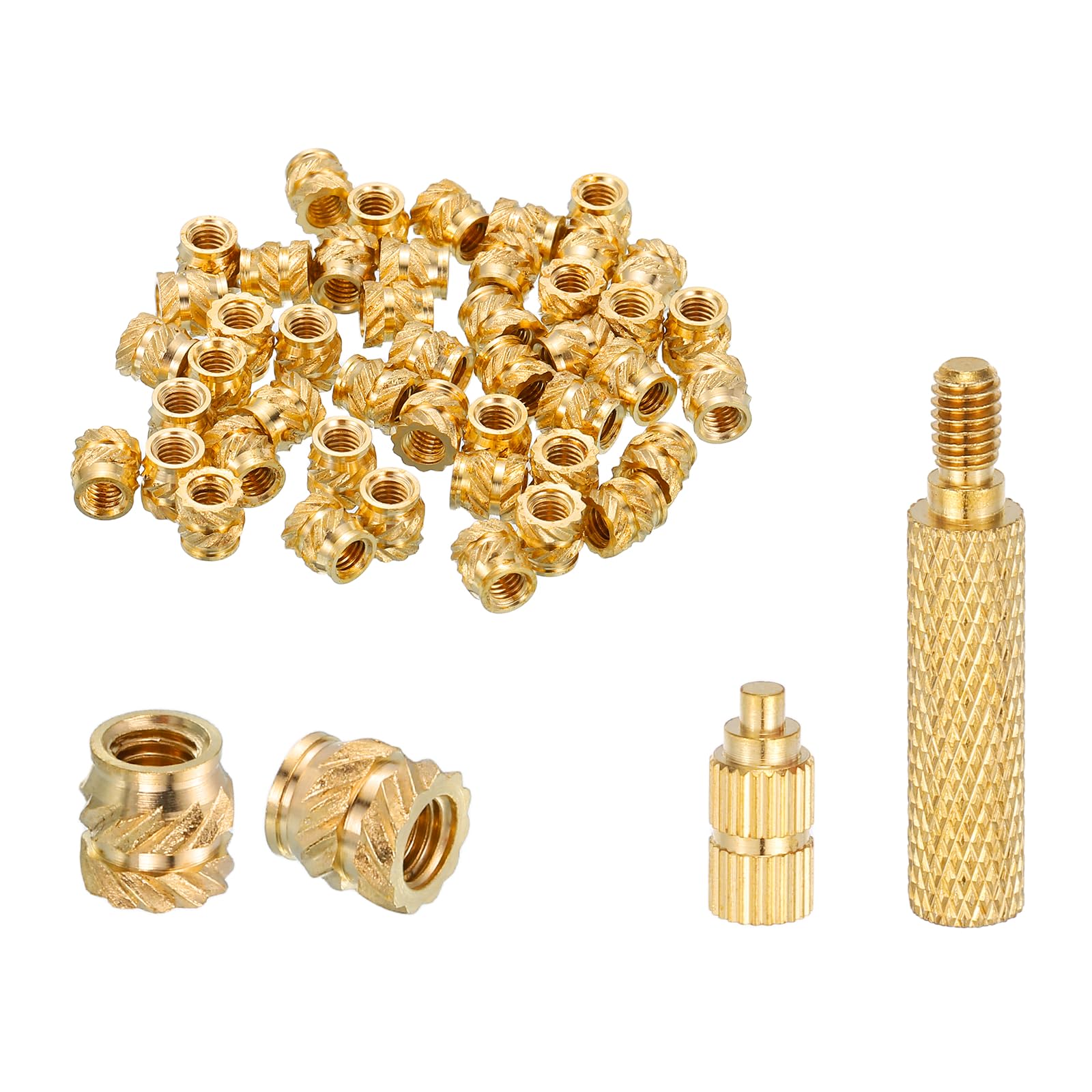 sourcing map 50 Pcs Threaded Inserts with Soldering Iron Tip Press Tool, M3 x 5mm H x 5mm OD Brass Metric Knurled Nuts Heat Set Inserts Embedment Nut for 3D Printing Plastic Parts