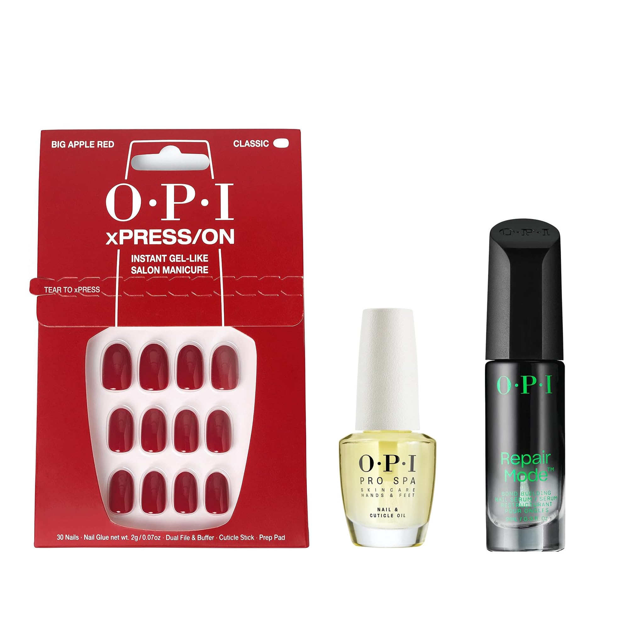 Bundle of OPI xPress/On Press On Nails, With Nail Glue, Short Red Nails, Big Apple Red + OPI ProSpa Nail and Cuticle Oil, 0.5 fl oz + OPI Repair Mode Bond Building Nail Serum, Clear, 0.3 fl oz