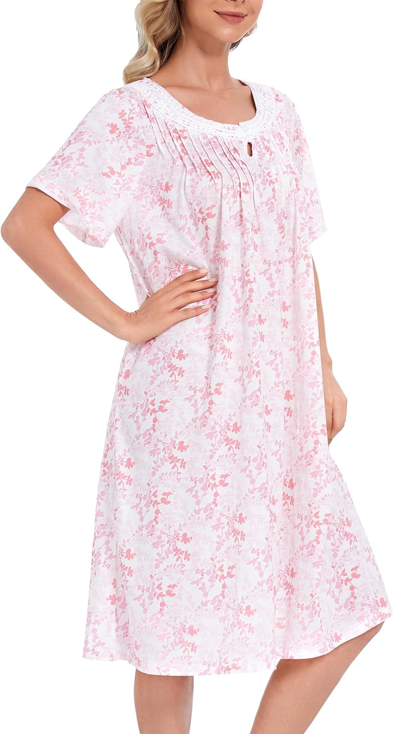 COSUNIONY Cotton Nightgowns for Women Soft Sleep Dress Ladies Short Sleeve Sleepwear with Pockets - Image 4