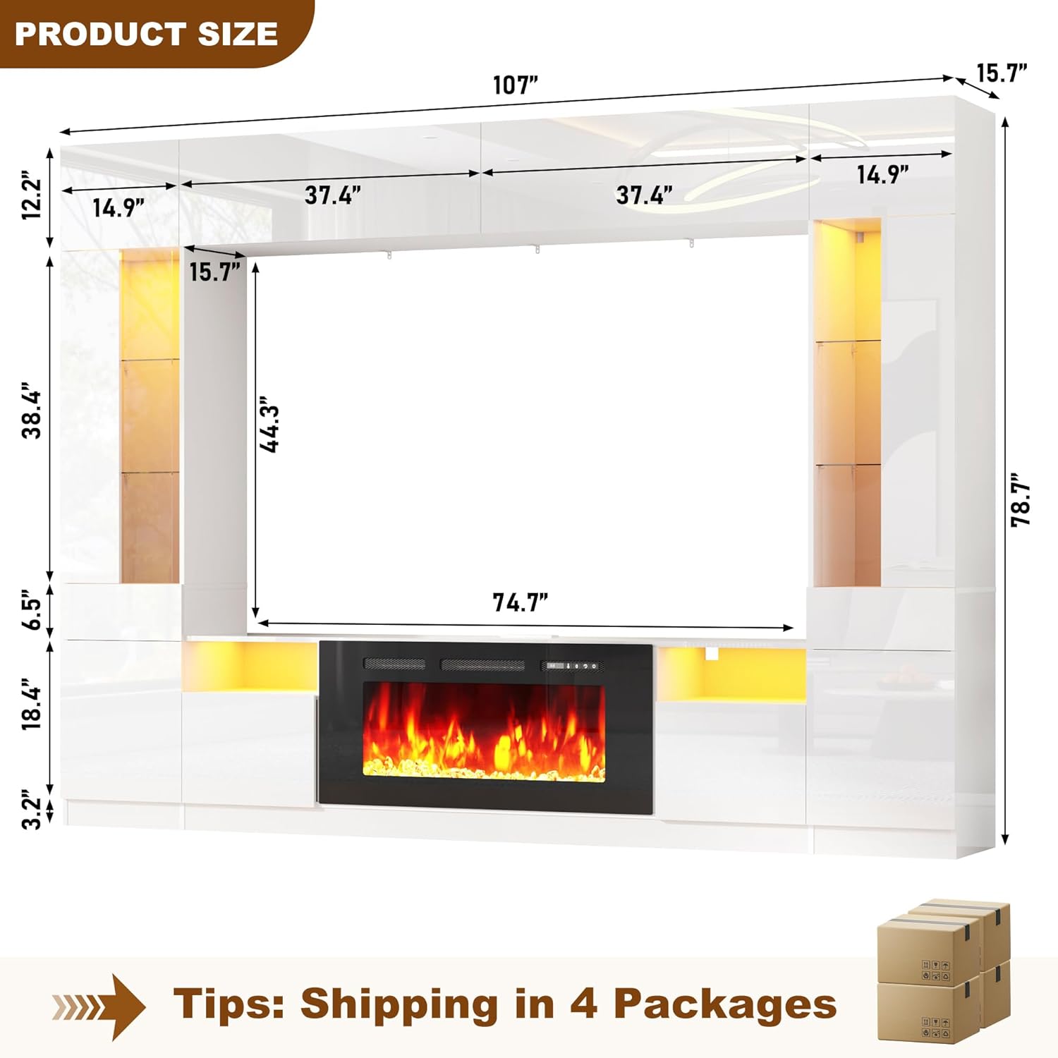 107" Wall Unit Entertainment Center with 40" Electric Fireplace & Bookshelves, Modern High Glossy TV Stand with Storage Shelves & Bridge Cabinet & LED Lights, Media Console for Living Room,White