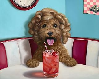 Shirley Temple by Lucia Heffernan Adorable Curly Coated Dog Having a Famous Mocktail at a Retro Diner Funny Art Print Image and Overall Size is 14x11 Inches