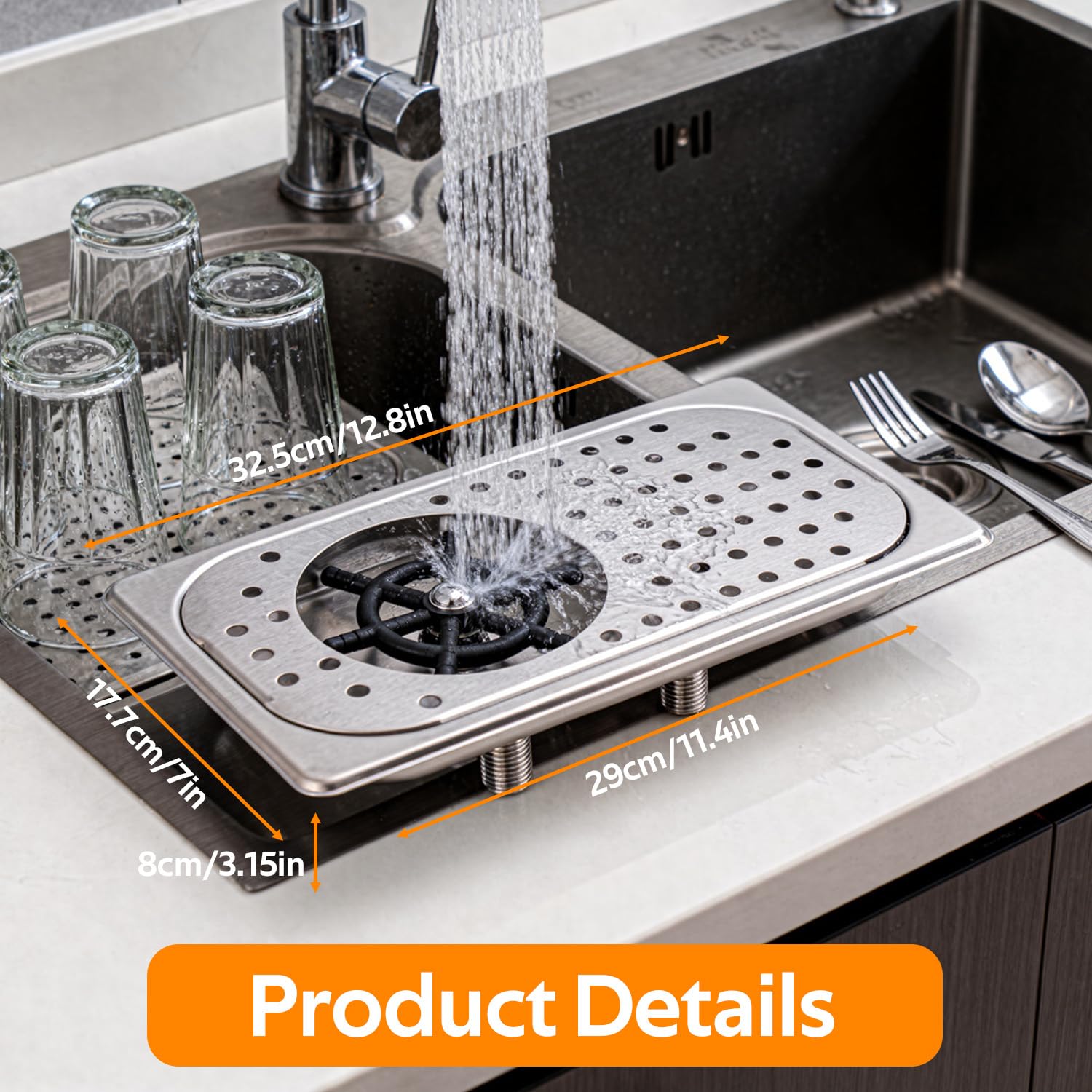 Fregadero de Barra con Enjuagador de Vidrio, Jarra de Acero Inoxidable Enjuagador de Taza Lavador de Vidrio Enjuagador de Limpieza de Vidrio Lavado a Alta Presión con Bandeja de (Acero Inoxidable