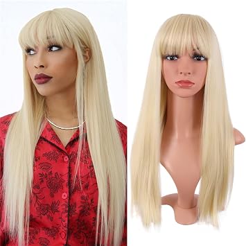24 Inch/60 cm Women Blonde Wigs Long Straight Hair, Long Blonde Wigs for Women Girls, with Fringe Natural Synthetic Hair, for Fancy Dress, Cosplay Party, Daily Use blonde
