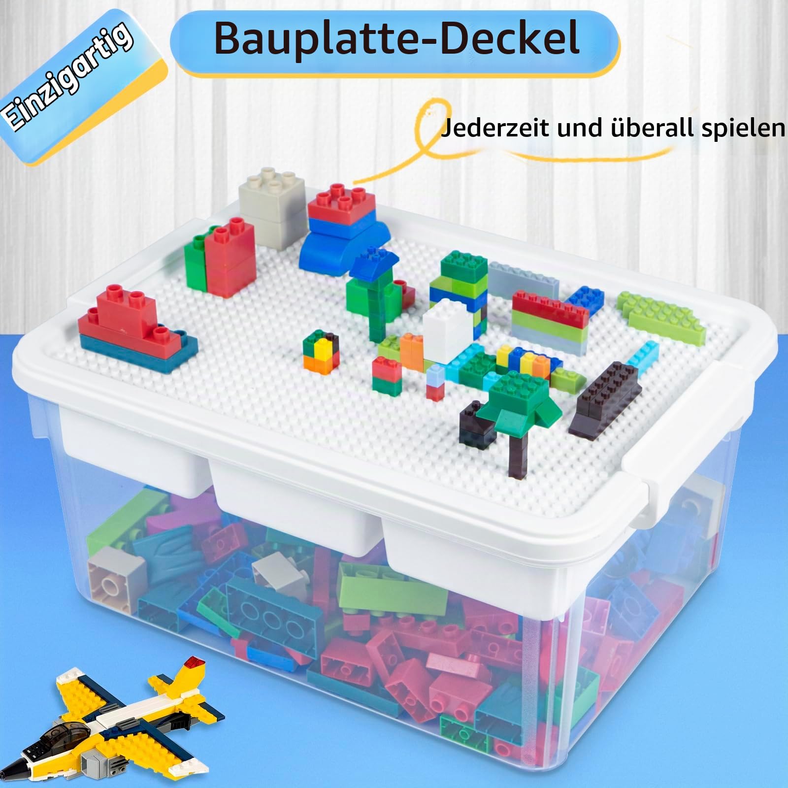 Creahaus 16L Aufbewahrungsbox mit herausnehmbarem Tablett, Kunststoffbehälter mit Gebäude Grundplatte Deckel und Verschlussschnallen, stapelbare Bastelbox für Kunst,Playdoh,Werkzeug,Basteln,Spielzeug