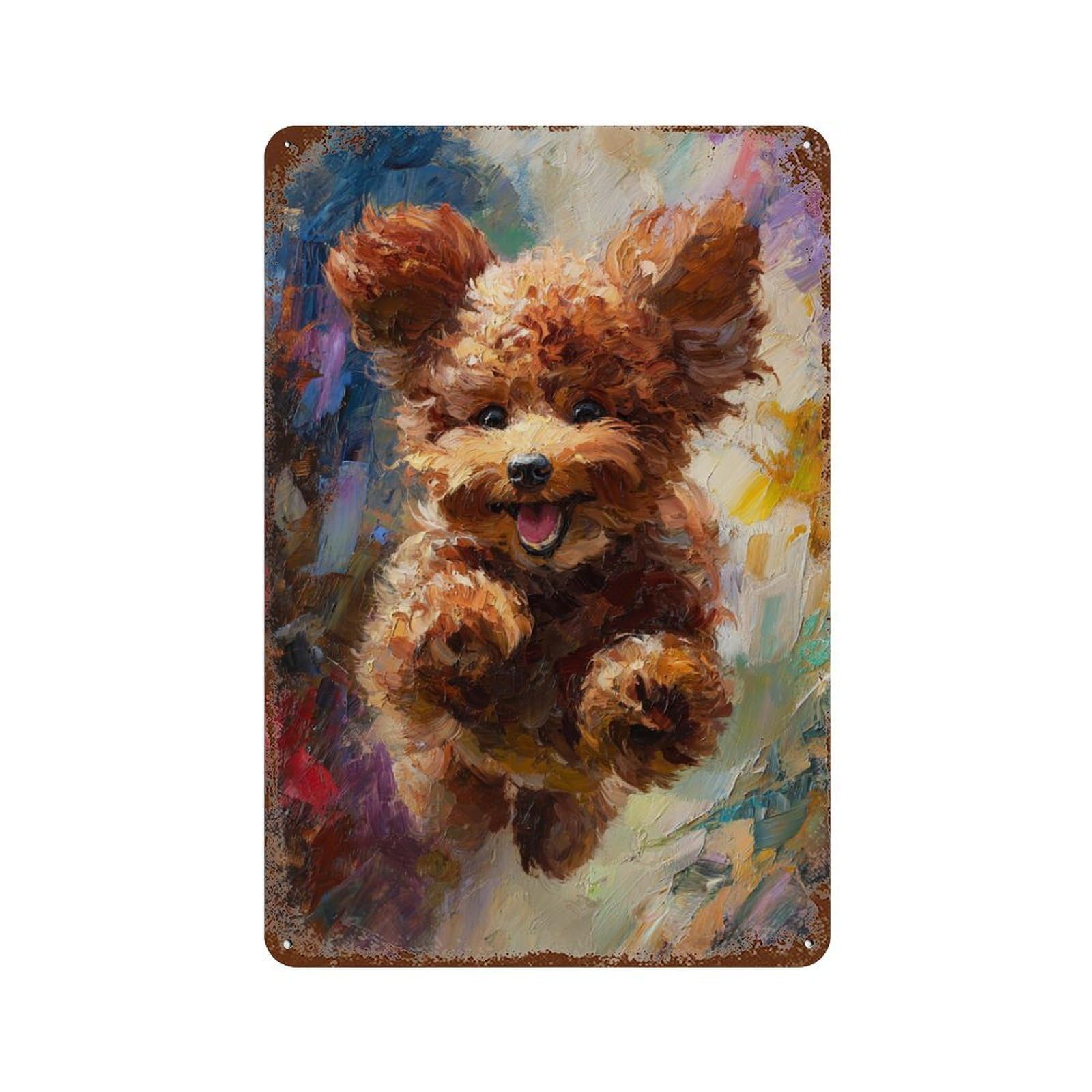 Happy Poodle Painting -1 Distressed Metal Wall Sign 11.8"x7.9", Shabby Chic Decor for Garage, Pub Or Kitchen