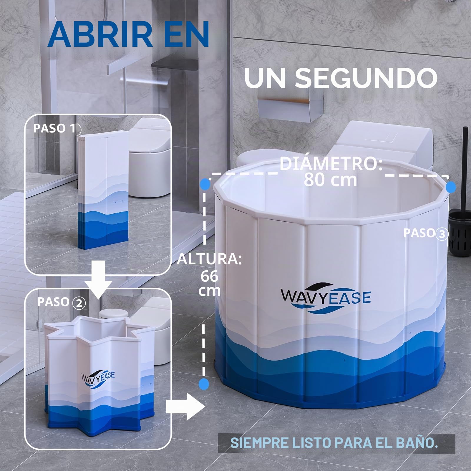 WAVYEASE Nueva Bañera Portátil Adultos（Ø80 x 65cm） - Inmersión Fría Plegable para Recuperación Muscular - Uso en Ducha/SPA Doméstico - Bañera Hielo Atletas (Blanca)