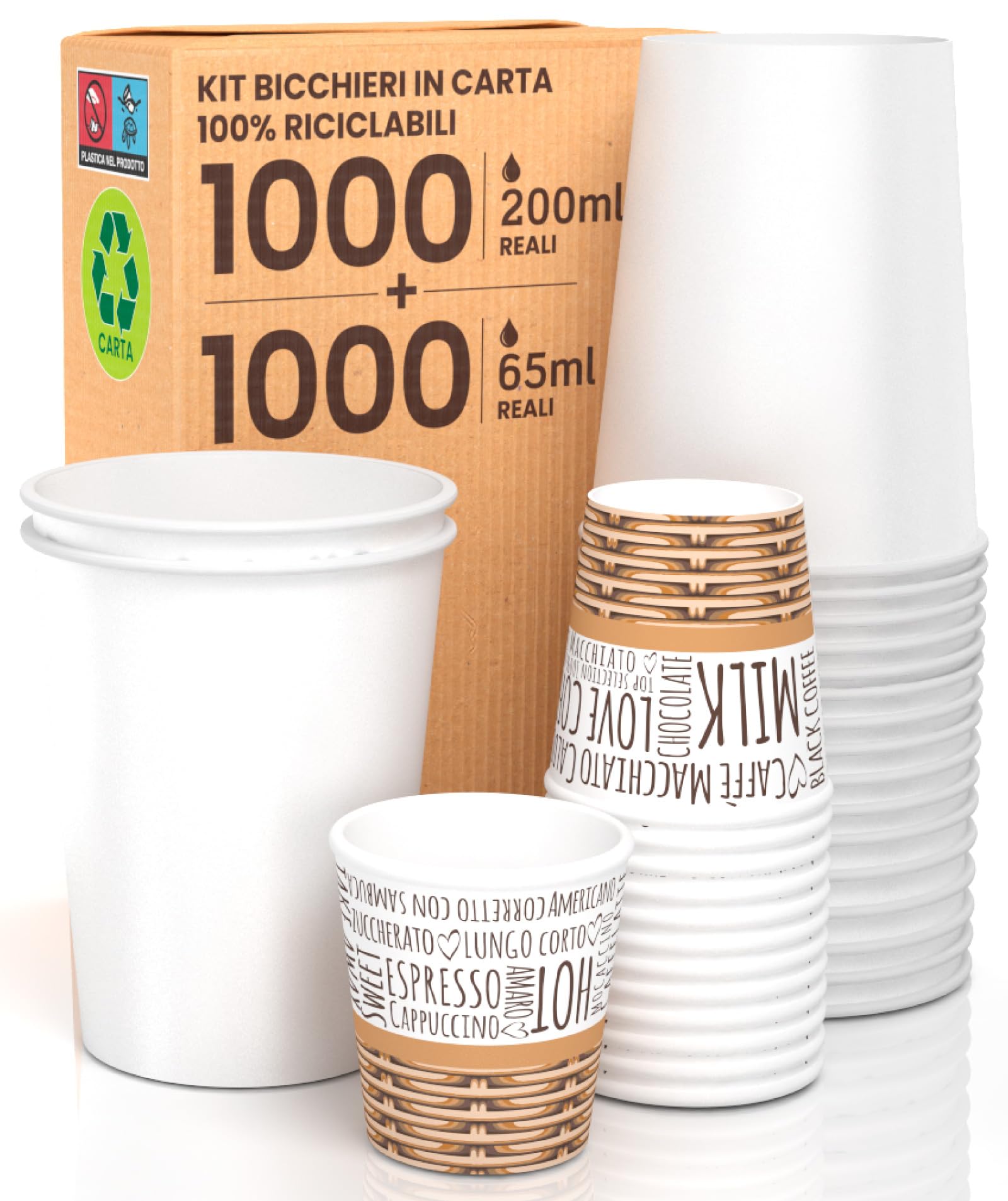Eurocali Kit 1000 Bicchierini in Carta Fantasia SweetCUP 65ml per Caffè + 1000 Bicchieri in Carta Bianchi 200ml da Asporto Bevande Calde e Fredde Sweet Mix Ecologici Biodegradabili Monouso