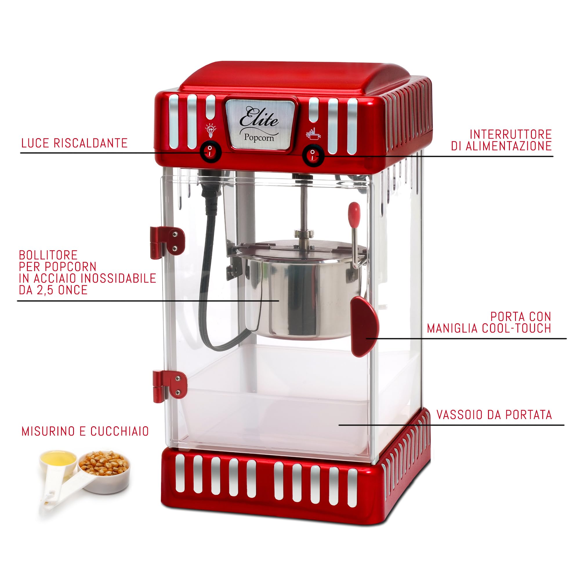 Elite Gourmet, Macchina per popcorn da tavolo EPM-250#, in classico stile retrò, 70,9 g, per popcorn al burro caldi come al cinema, rosso