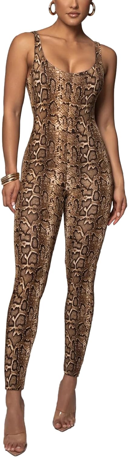 HKWZYY Leopard Print One Piece Jumpsuits for Women Elegant Bodycon Rompers Sexy Club Workout Full Bodysuit