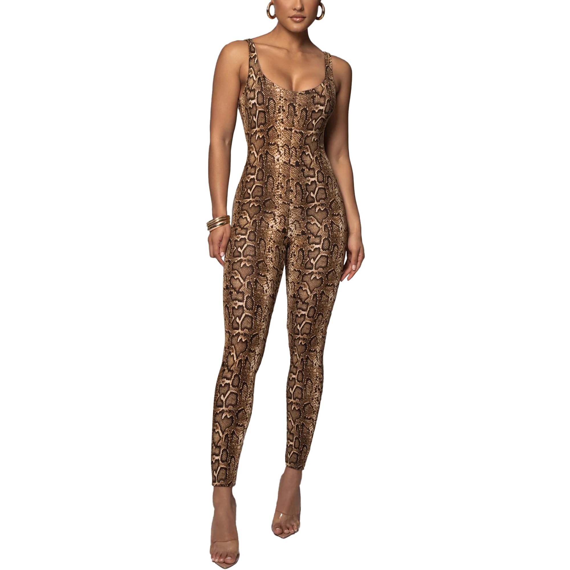 HKWZYY Women's Bodycon One Piece Jumpsuit, V Neck Sleeveless, Snake Print, S
