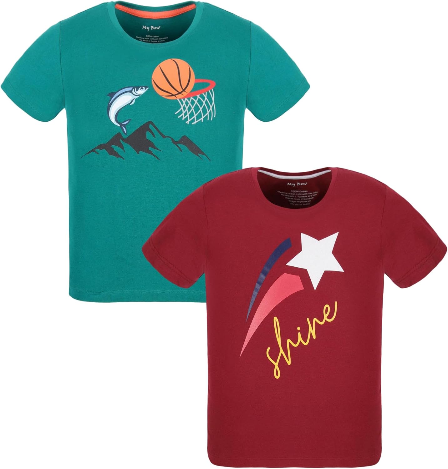 My Bow Sports T Shirt, Cotton, Basketball Print, Dark Teal, Deep Red, Short Sleeve, 2Pack Combo, 4-14 Years, Boys Girls