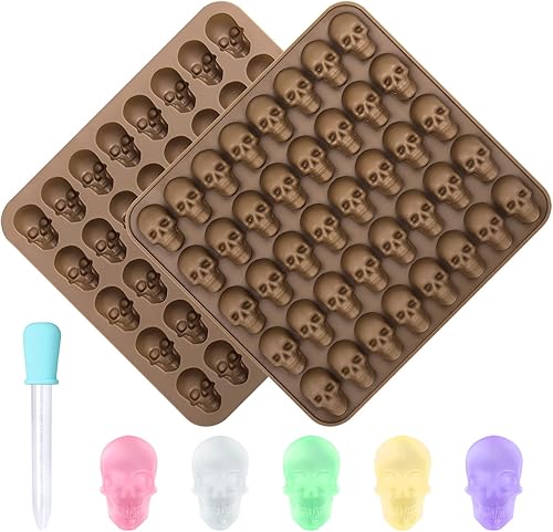 FreeNFond Moldes de silicona para gomitas, paquete de 2 moldes de caramelo de calavera de 40 cavidades con 1 cuentagotas para cubitos de hielo de