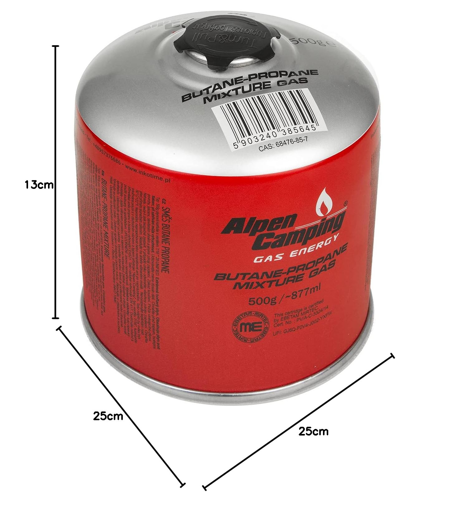 Alpen Camping IK008 877 ml / 500g Gaskartusche mit Propan-Butan Schraubkartusche mit 7/16“ Anschluss für Gaskocher Campingkocher Bunsenbrenner Lötbrenner EN417