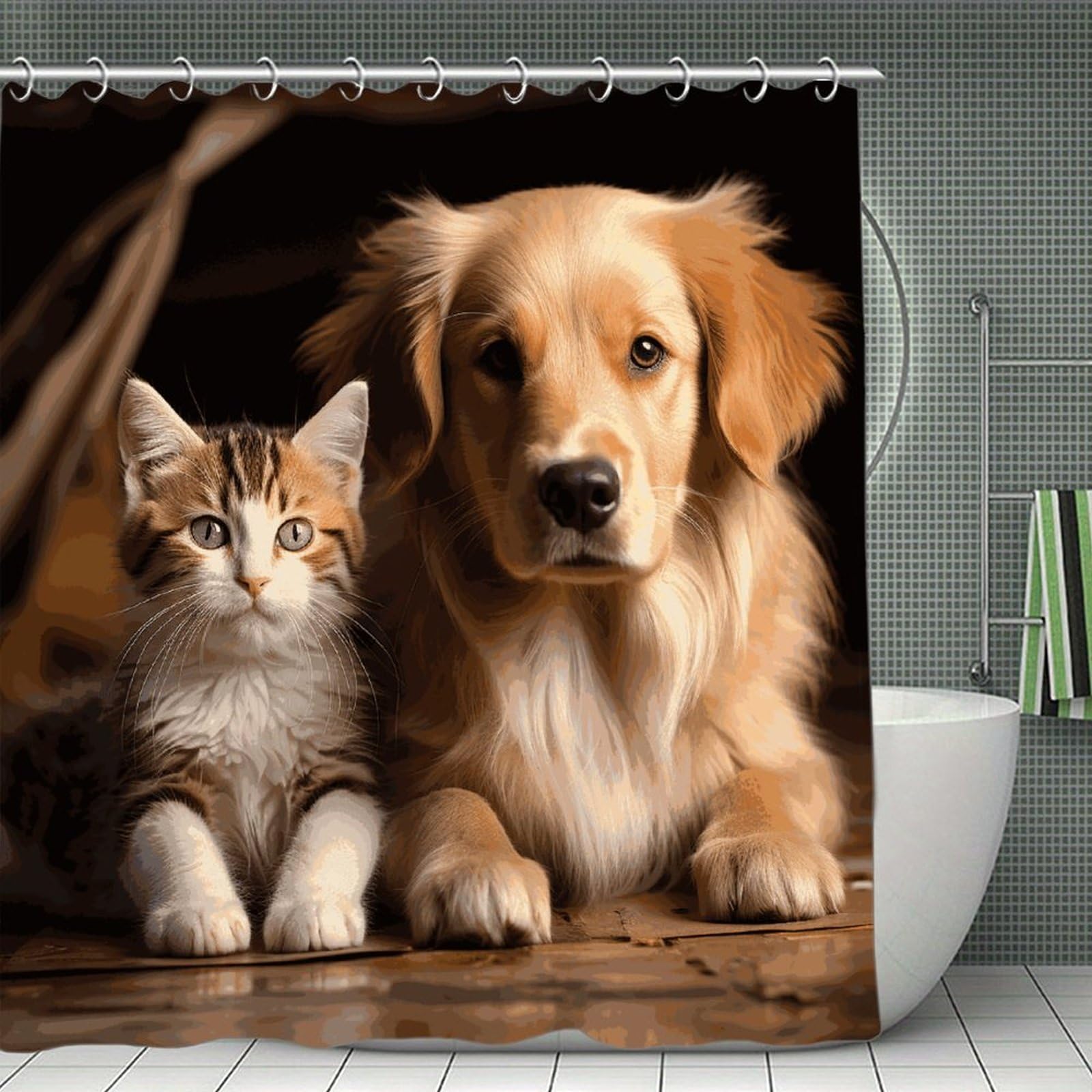 FekiLoot Dog and Cat Shower Curtain with Hooks Modern Farmhouse Bathroom Curtain Waterproof Cloth Bath Curtains Cute Washable Blackout Privacy Curtains for Bathroom Bathtub 70.8"x70.8"