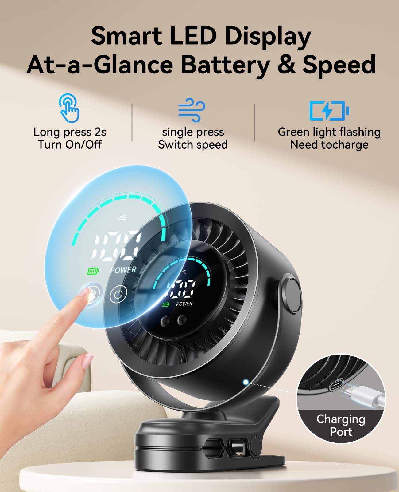KIMMOO Tragbarer Ventilator zum Anklippen, 100 Geschwindigkeiten, wiederaufladbar, USB-Ventilator mit LED-Anzeige, 360° Drehung & starker Luftstrom, Schreibtischventilator, bis zu 17 Stunden, kleiner