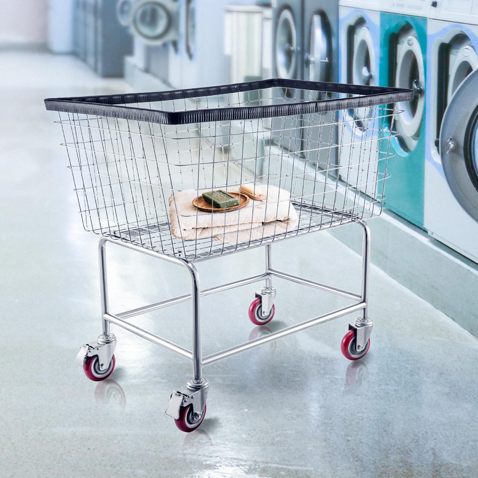 VEVOR Carrello portabiancheria in filo metallico con ruote, Carrello portabiancheria in filo metallico commerciale da 35''x15,7''x22'', Telaio in acciaio con finitura cromata