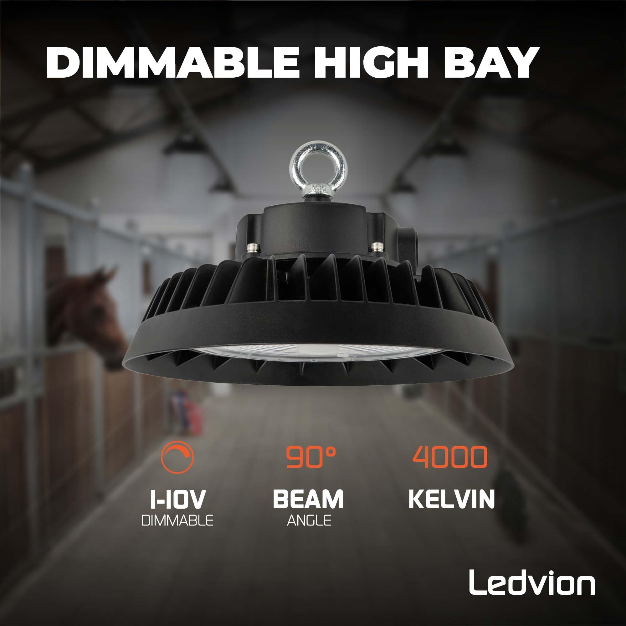 Ledvion - LED Lámpara de Alta Bahía, IP65, 150-130-110W, 185 lm/W, Driver, 4000K, Regulable, Campana LED UFO, Lámpara de Alta Bahía para Naves Industriales, Almacén, Taller, Garaje