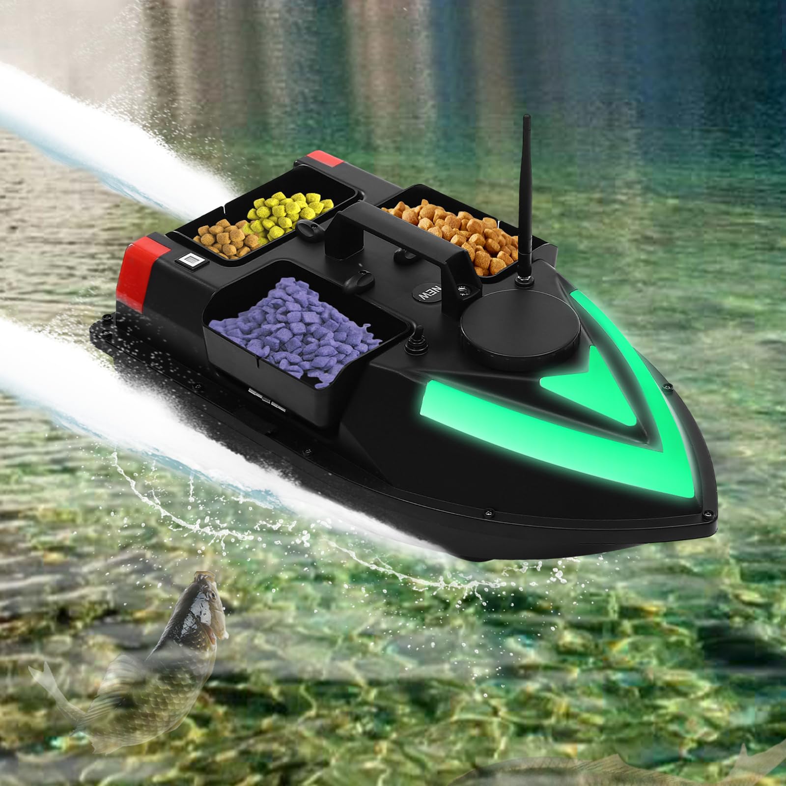 Bote de pesca con 3 depósitos de cebo, batería de 5200 mAh y mando a distancia de 500 m, LED, retorno automático, color negro