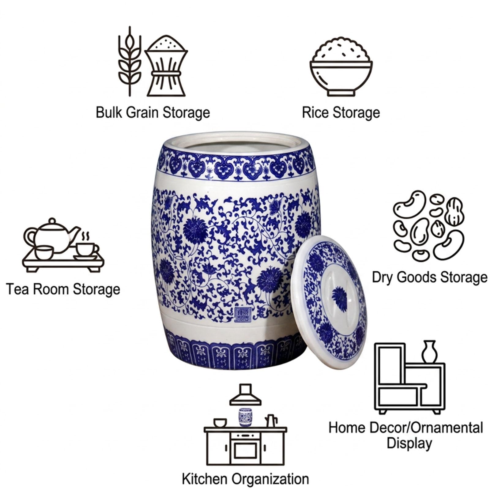 Contenedor de Cerámica Azul y Blanco, Tarro de Porcelana para Organización de Casa y Cocina, Capacidad 10kg 15kg 25kg, Recipiente para Materiales Secos