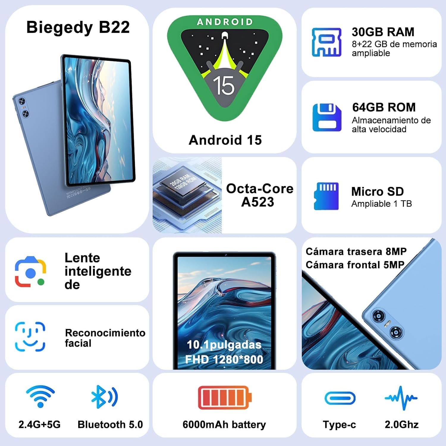 2026 Dernier Tablette 10 Pouces Android 15 avec Gemini AI, 30GO RAM (2TO TF), Octa-Core, 5G WiFi 6, Widevine L1, GMS, GPS, BT 5.0, 6000mAh, 5MP+8MP, Tablette avec Clavier+Souris et Cas - Bleu