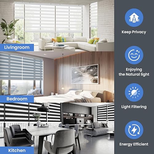 Miniatura 3 de Foiresoft - Corte a medida Winsharp Basic ancho x alto 47 pulgadas Persianas enrollables Zebra sombras de doble capa control de luz transparente o