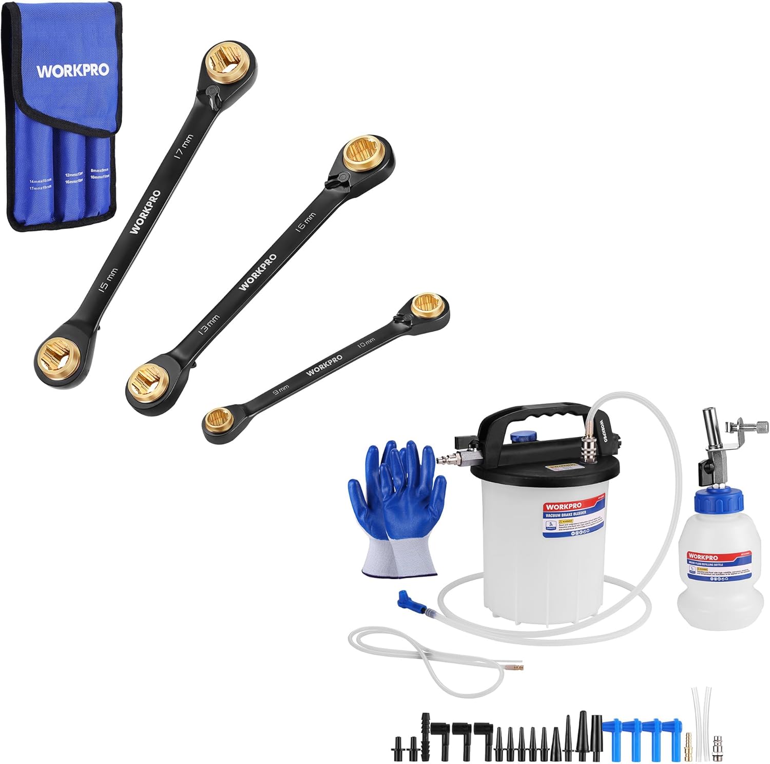 WORKPRO 3 PCS 4-in-1 Metric Reversible Ratcheting Wrench Set 3L Vacuum Brake Bleeder Kit, Pneumatic Brake Bleeder for One Person