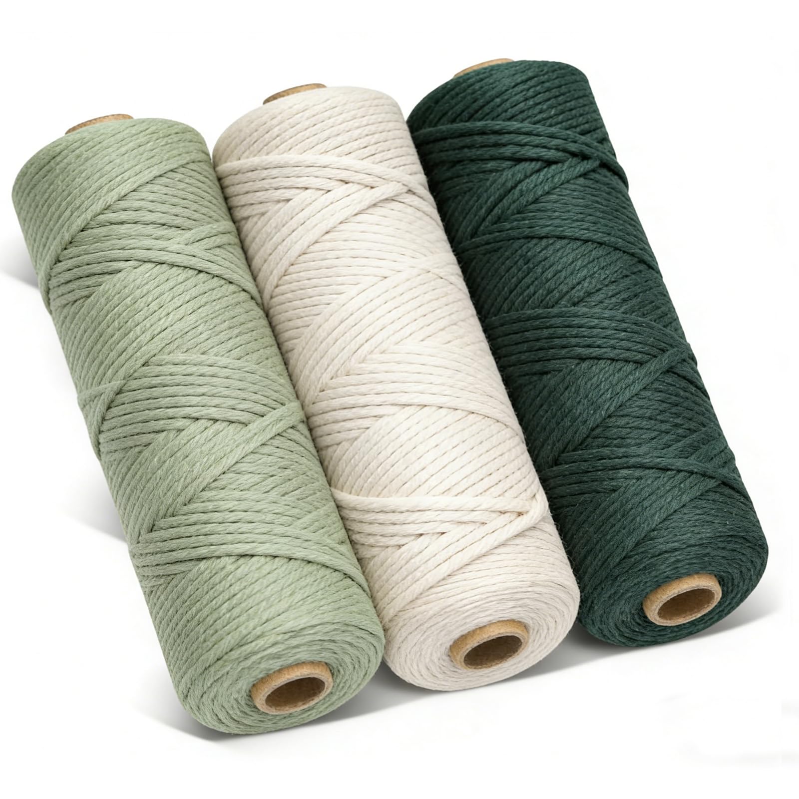 3 Rolls 3mmx100m Cotton Macrame Cord, 4 Strand Twisted, 3mmx300m Natural Cotton Cord for Wall Hanging, Plant Hangers, Knitting, DIY Crafts, Weaving Decoration(Beige+Blackish Green+Flower Green)