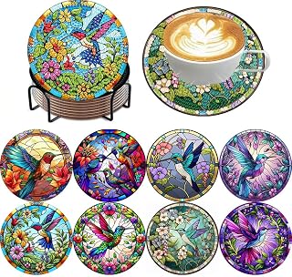 ijbnhd 8 Pieces Hummingbird Diamond Painting Coasters Kits, Hummingbird Diamond Art Coasters with Holder for Adults 4X4inch (Cork Wooden Pad)