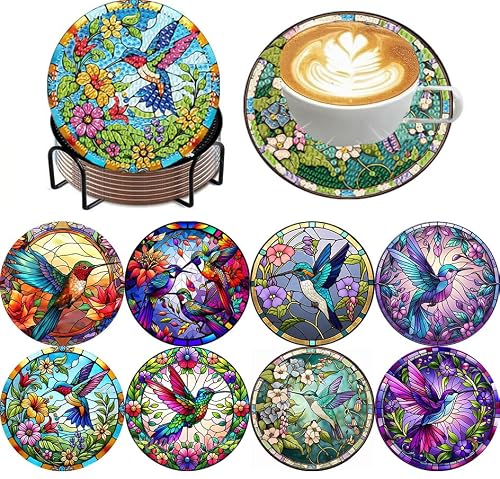 ijbnhd 8 Pcs Hummingbird Diamond Painting Coasters Kits for Adults