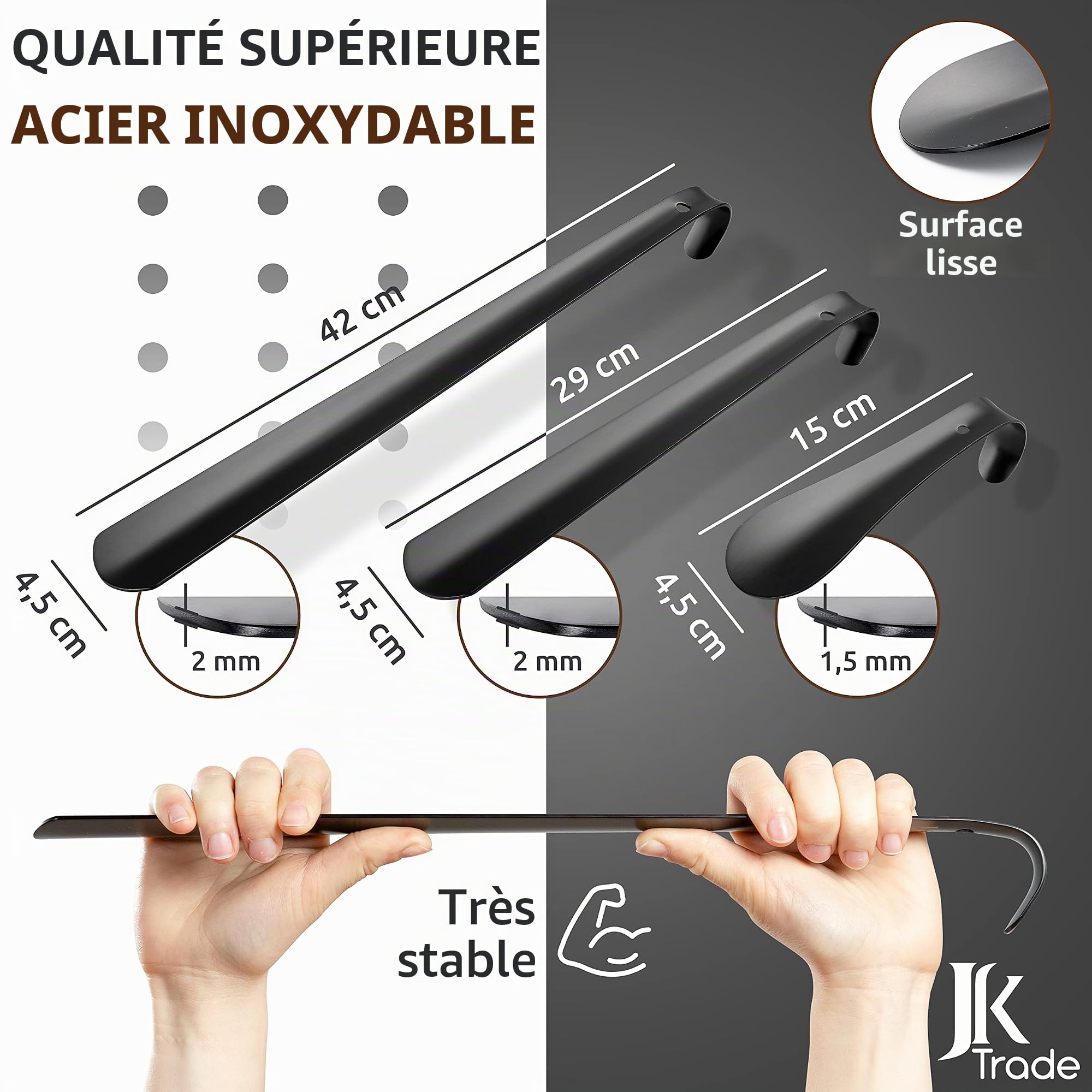 JK Trade® Lot de 3 chausse-pieds en acier inoxydable solide | 15, 29 et 42cm | Chausse-pied court en acier inoxydable, moyen et long | N'abîme pas le dos | Longueur et largeur optimisées | Business