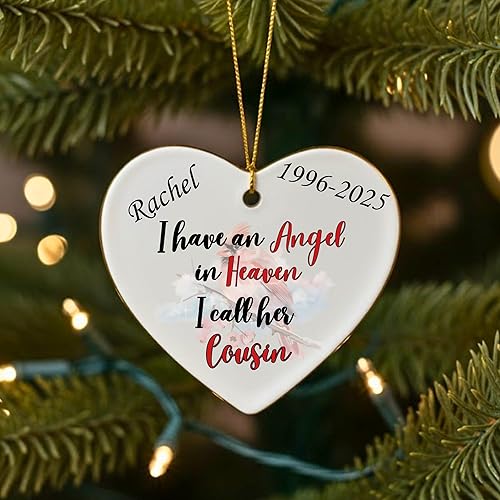 Miniatura 4 de Adorno de Navidad conmemorativo personalizado 2025 Recuerdo de cerámica en forma de corazón Tengo un ángel en el cielo I Call Her Primo Regalo