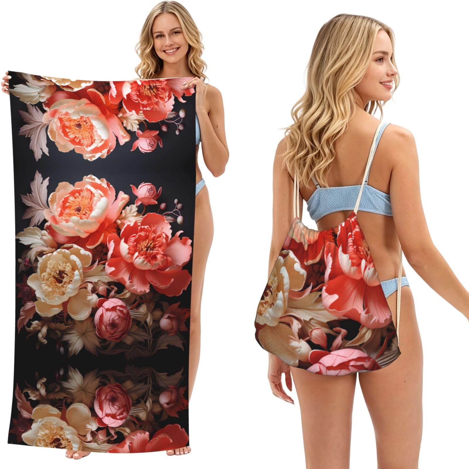 SXZVVBN Brightly colored peonies 2-in-1 Beach Towel Bag, Quick Dry Sand Free Travel Towel Backpack for Adults