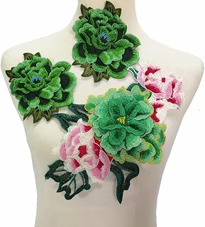 3pcs Flowers Embroidered Patch Sticker for Clothing Jacket Jeans Lace Applique DIY Clothes Decorations Fabric Patches (Green)