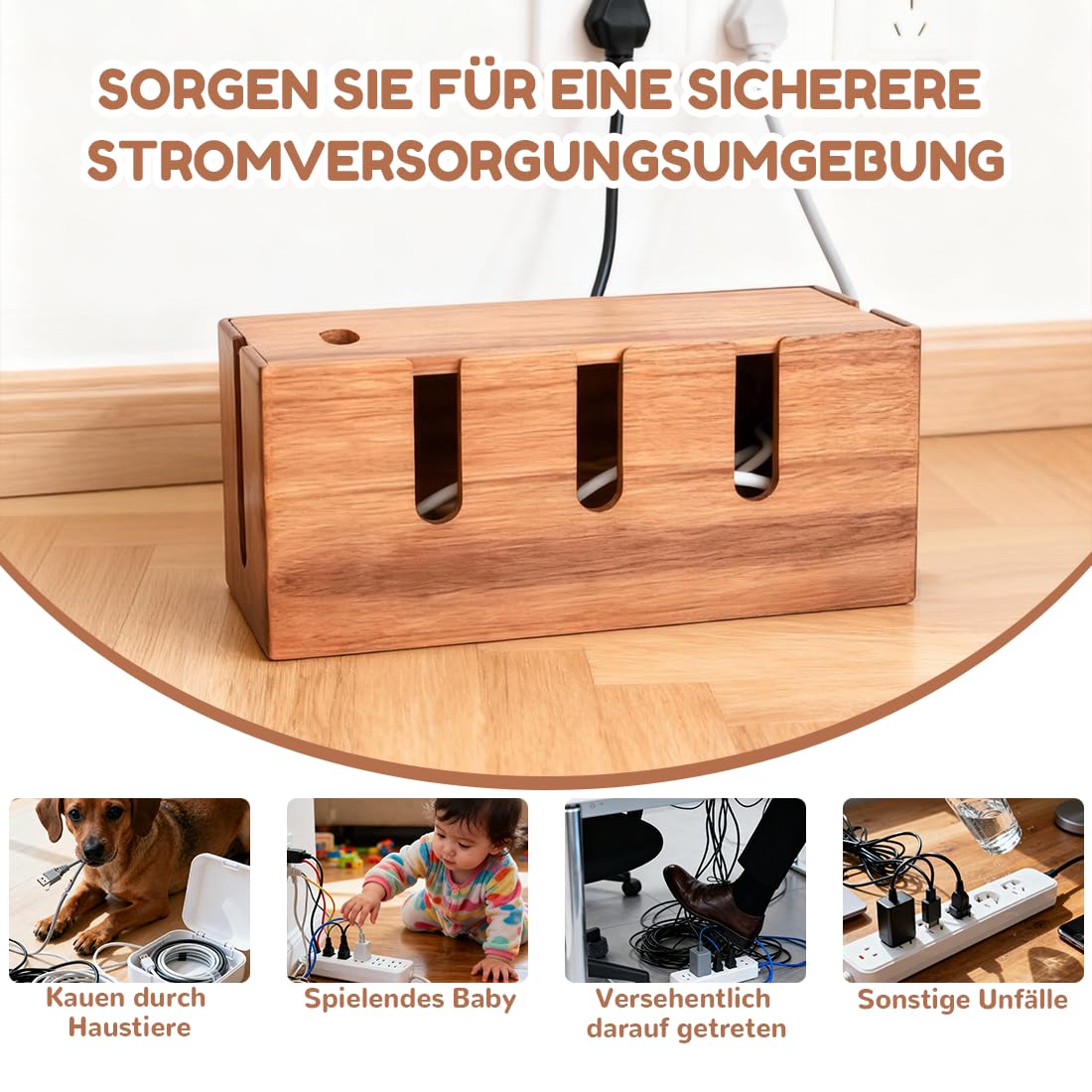 Kabelbox Holz Groß, Kabelmanagement Box, Bxtxh 30.5x14x13.3 CM, Cable Management Box, Kabelaufbewahrung B-ox, Natürliches Kirschholz für Drahtmanagement, Kabel Verstecken