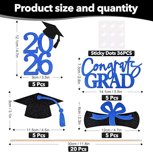 Miniatura 2 de Juego de 20 decoraciones de fiesta de graduación 2025, centro de mesa de graduación de doble cara con purpurina para mesas, mesas, accesorios de