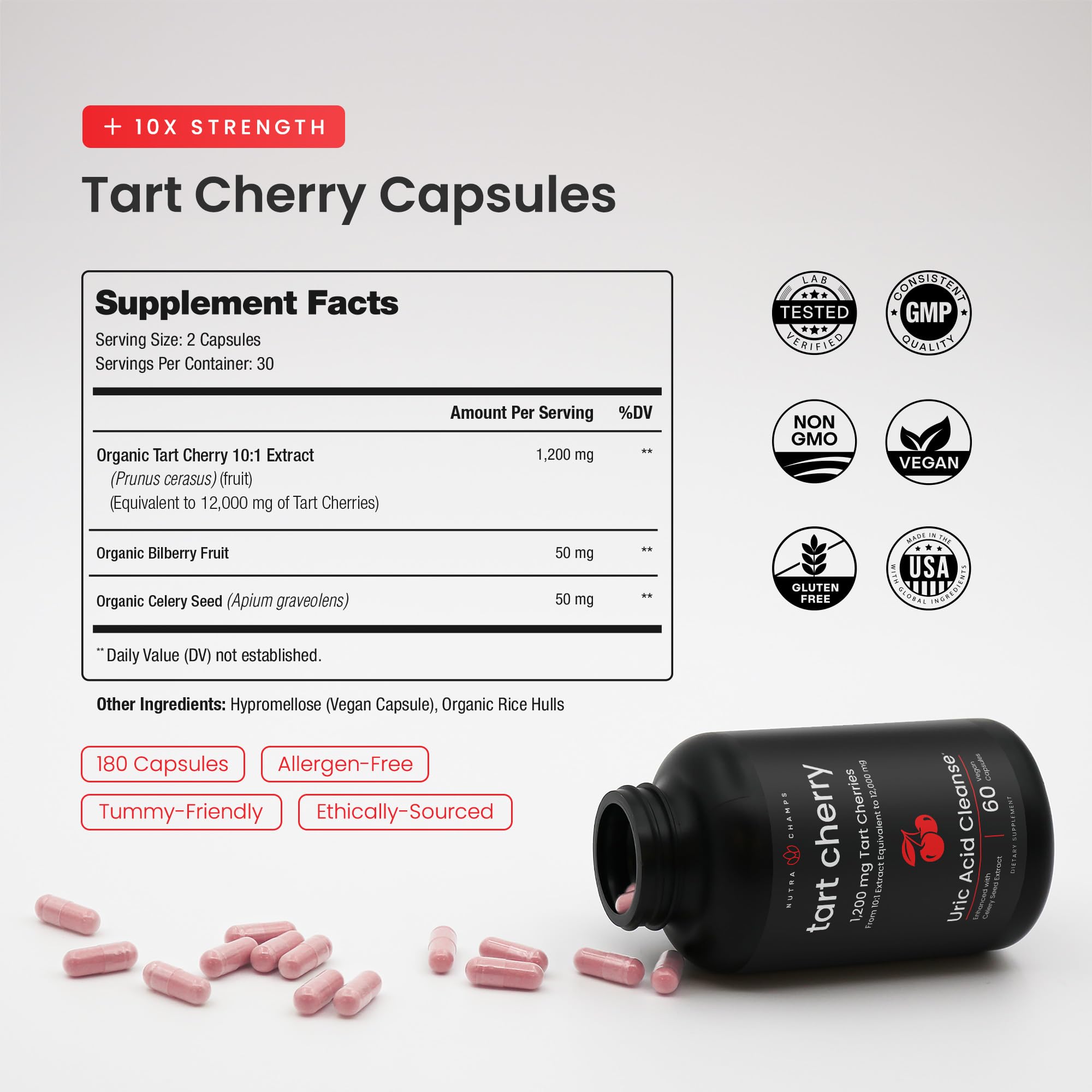 NutraChamps Organic Tart Cherry Extract Capsules - Made from Montmorency Tart Cherry Concentrate, Celery Seed & Bilberry - Supports, Sleep, Uric Acid Levels & Joint Health - 60 Vegan Capsules — Amazon image 3